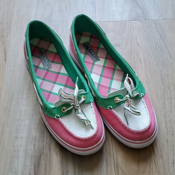 🩵Sperry "Hailey" Pink & Green Top Sider Slip-on Boat Shoes Size 8 - Picture 2 of 11